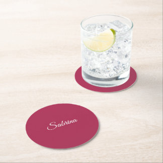Monogram minimalist cherry rose pink round paper coaster