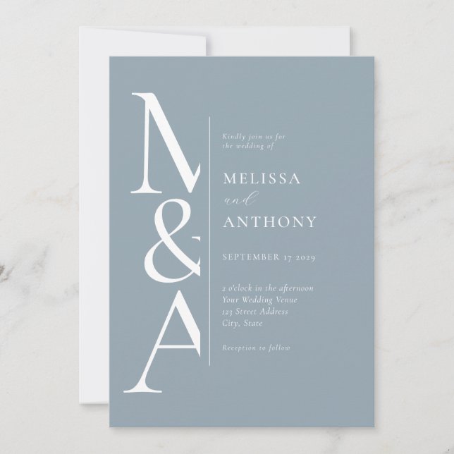 Monogram Minimalist Dusty Blue Modern Wedding Invitation (Front)