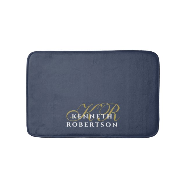 Monogram Minimalist Dusty Navy Blue Gold White Man Bath Mat (Front)