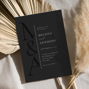 Monogram Minimalist Matte Black Modern Wedding Invitation