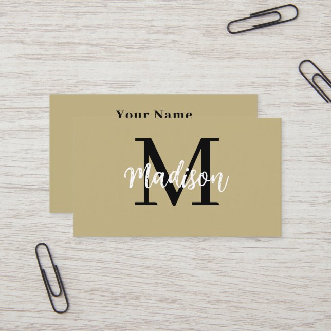 Monogram Minimalist Modern Black and Tan Business Card (Front/Back In Situ)