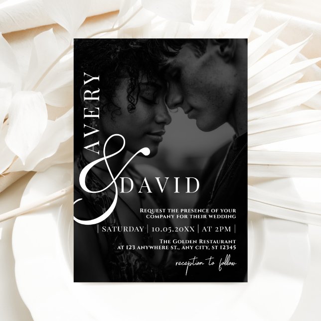 Monogram Minimalist Modern Wedding Black Photo Invitation (Creator Uploaded)