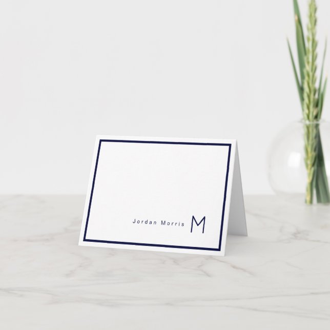 Monogram Minimalist Navy Blue Chic Border Note Card (Front)