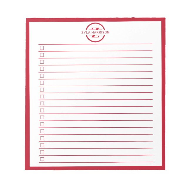 Monogram Minimalist Red Name To Do List Notepad (Front)