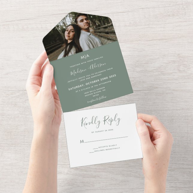 Monogram Minimalist Sage Green With Photo Wedding All In One Invitation (Tearaway)