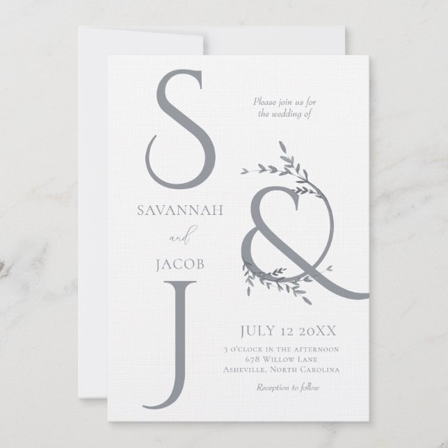 Monogram Minimalist White & Silver Modern Wedding  Invitation (Front)