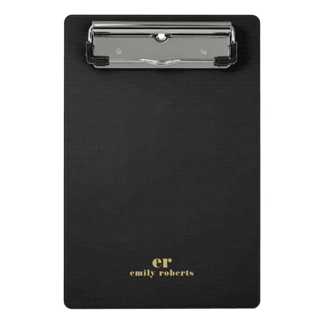 Monogram Minimalistic Black Linen Gold Typography Mini Clipboard (Front)