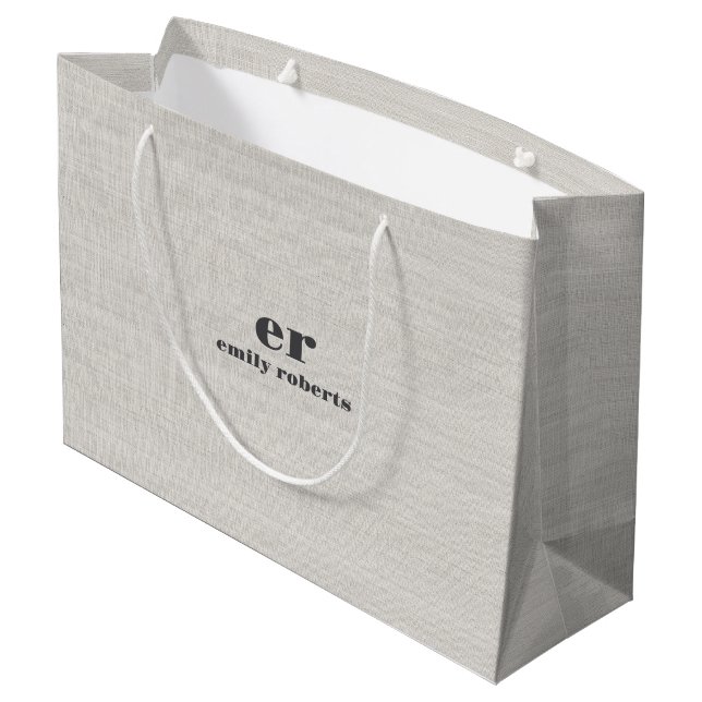 Monogram Minimalistic White Burlap Gray Typography Large Gift Bag (Back Angled)