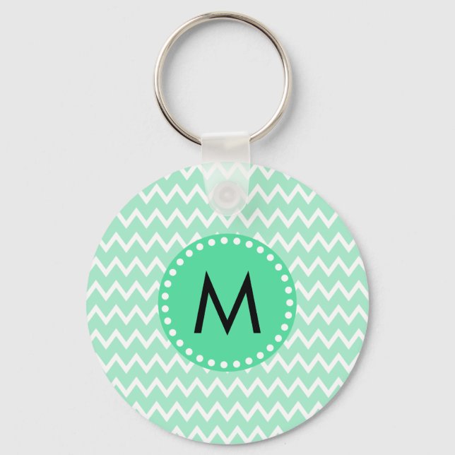 Monogram Mint Green and White Chevron Pattern Key Ring (Front)