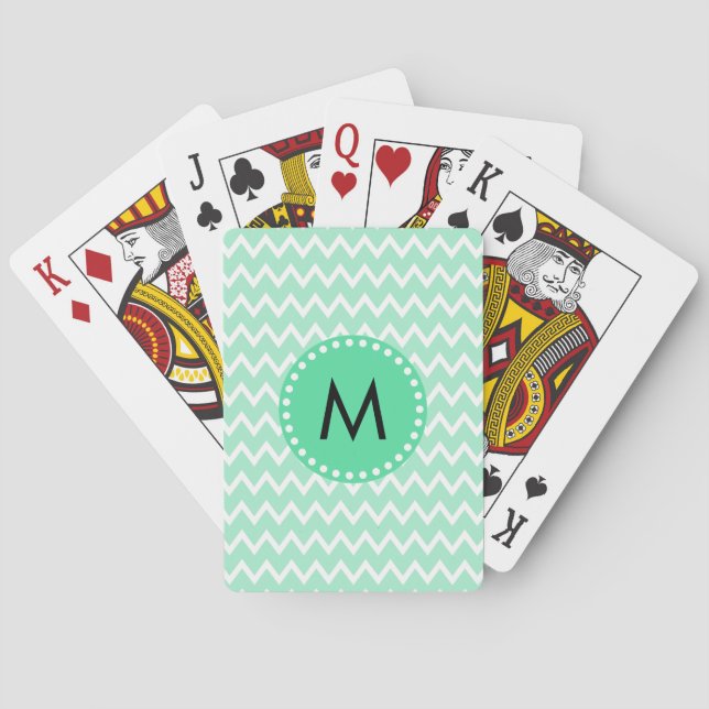 Monogram Mint Green and White Chevron Pattern Playing Cards (Back)