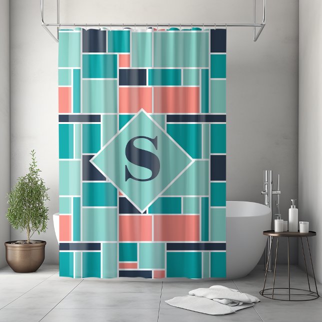 Monogram Mint Green Coral Geometric Art Shower Curtain (Creator Uploaded)