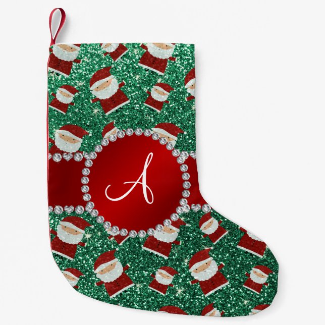 Monogram mint green glitter christmas santa claus small christmas stocking (Front)