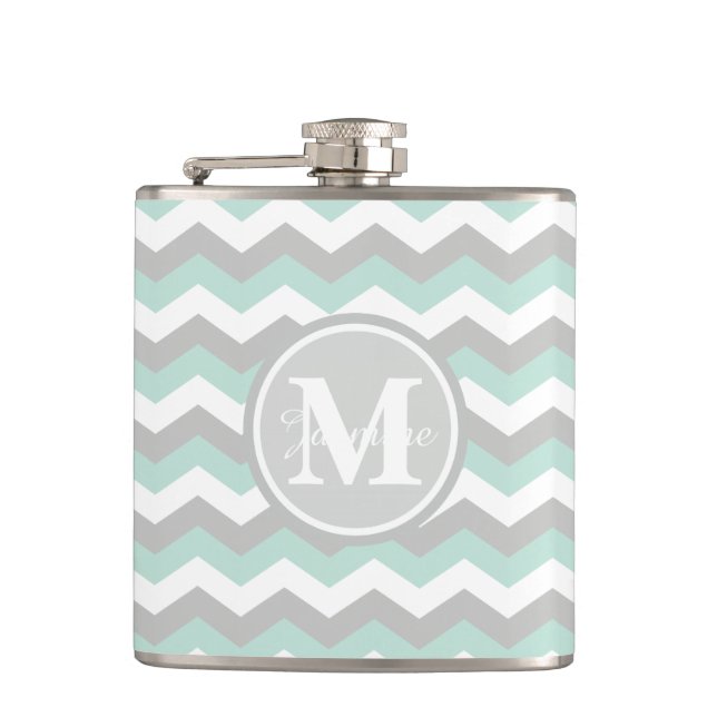 Monogram Mint Green Grey Chevron Zigzag Stripe Hip Flask (Front)