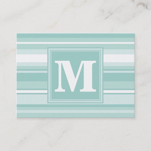 Monogram mint green stripes business card (Front)