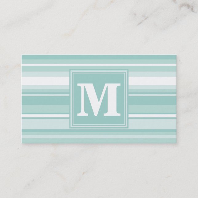 Monogram mint green stripes business card (Front)