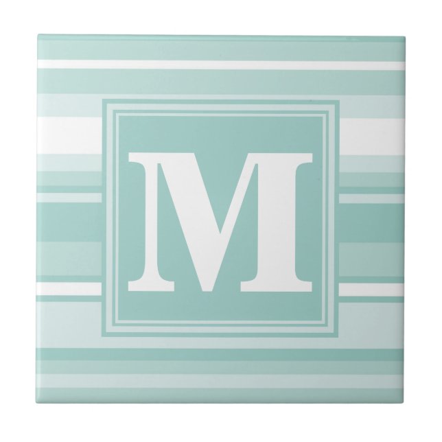Monogram mint green stripes ceramic tile (Front)