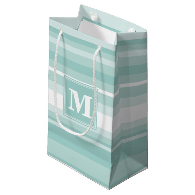 Monogram mint green stripes small gift bag (Front Angled)