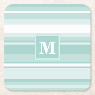 Monogram mint green stripes square paper coaster