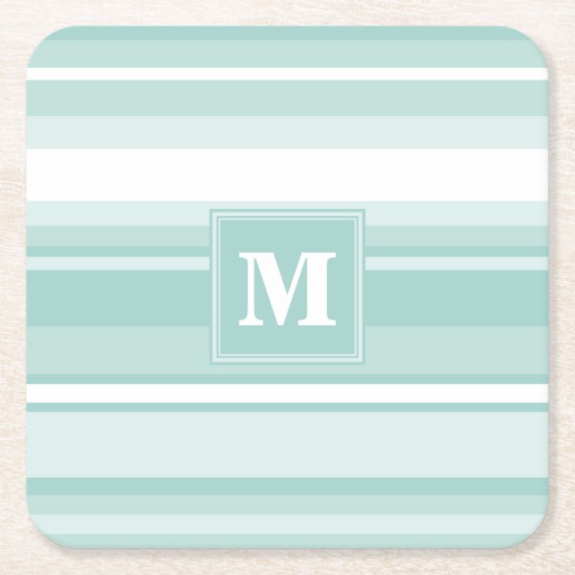 Monogram mint green stripes square paper coaster (Front)