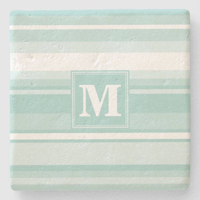 Monogram mint green stripes stone coaster (Front)