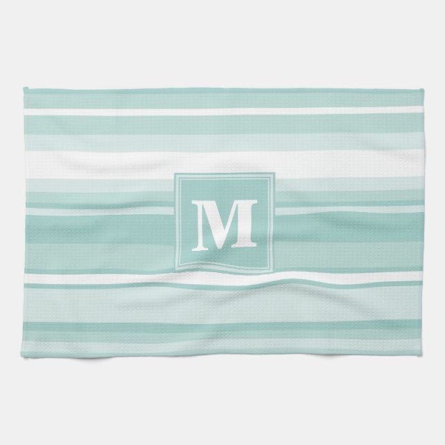 Monogram mint green stripes tea towel (Horizontal)