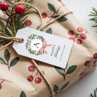 Monogram Mistletoe Happy Holiday Wreath Red Bow Gift Tags