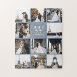 Monogram Modern 9 Photo Collage Dusty Blue Jigsaw Puzzle
