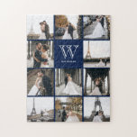 Monogram Modern 9 Photo Collage Navy Blue Jigsaw Puzzle<br><div class="desc">Add 11 photos of your family or wedding day and add your custom monogram. Everyone will have fun putting this puzzle together.</div>