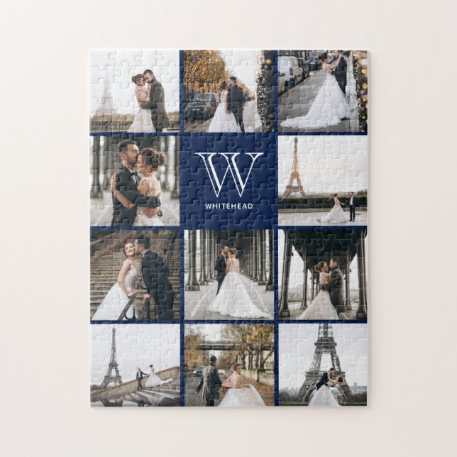 Monogram Modern 9 Photo Collage Navy Blue Jigsaw Puzzle (Vertical)