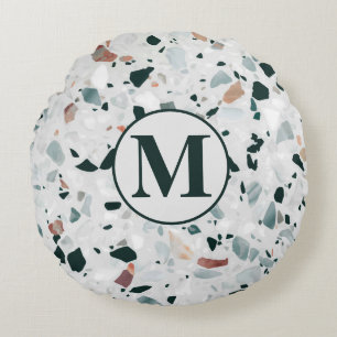 Monogram Modern Abstract Terrazzo Pattern Round Cushion