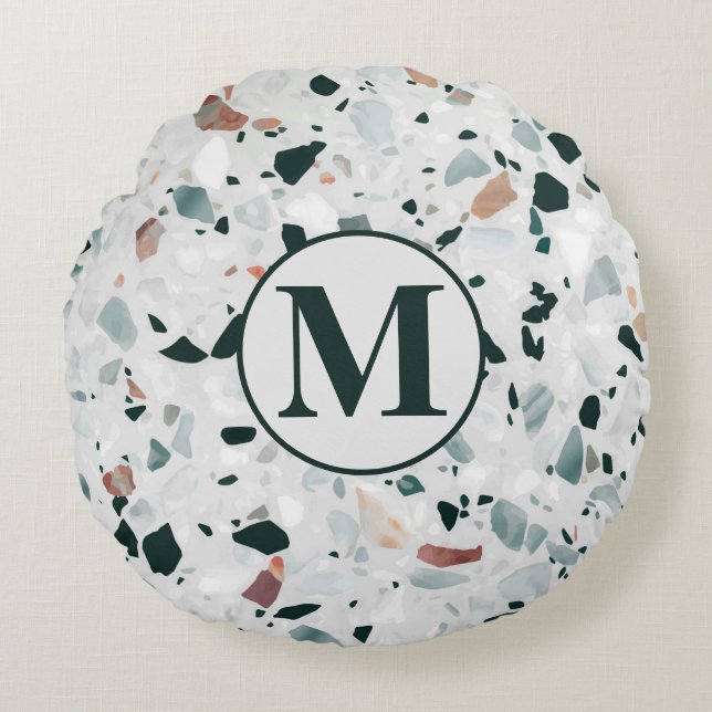 Monogram Modern Abstract Terrazzo Pattern Round Cushion (Front)