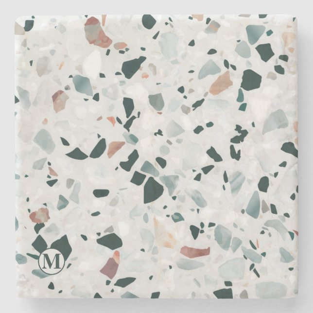 Monogram Modern Abstract Terrazzo Pattern Stone Coaster (Front)