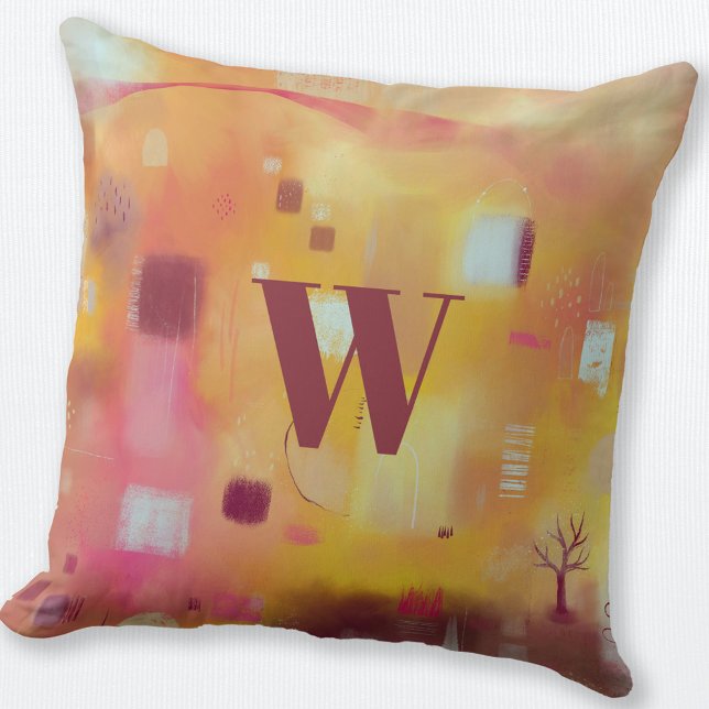 Monogram Modern Abstract Yellow Cushion (Monogram personalized yellow abstract art throw pillow)
