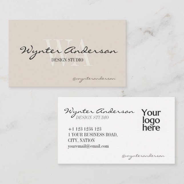 Monogram Modern Beige Minimalist Custom Logo Name Business Card (Front/Back)