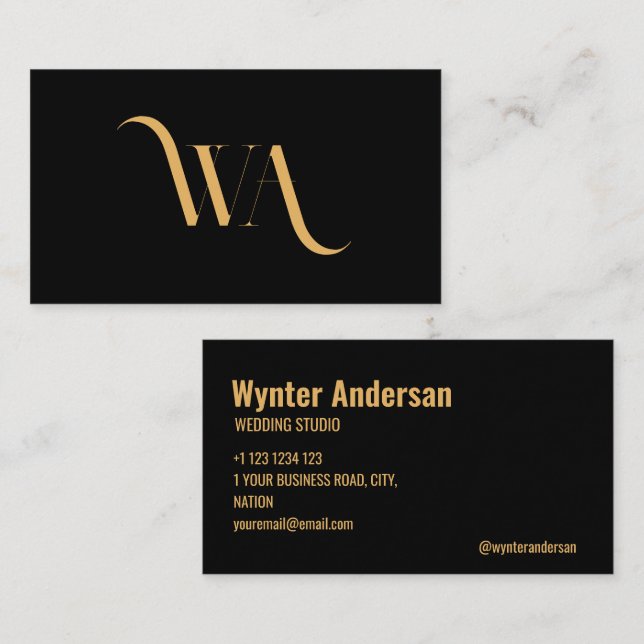 Monogram Modern Black Gold Chic Minimal Custom  Business Card (Front/Back)