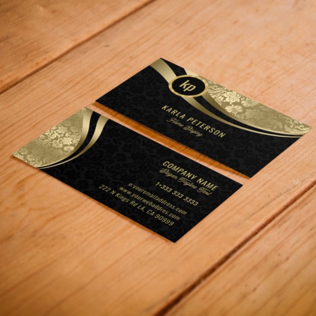 Monogram Modern Black & Gold Dynamic Lines Busines Business Card (Creator Uploaded)