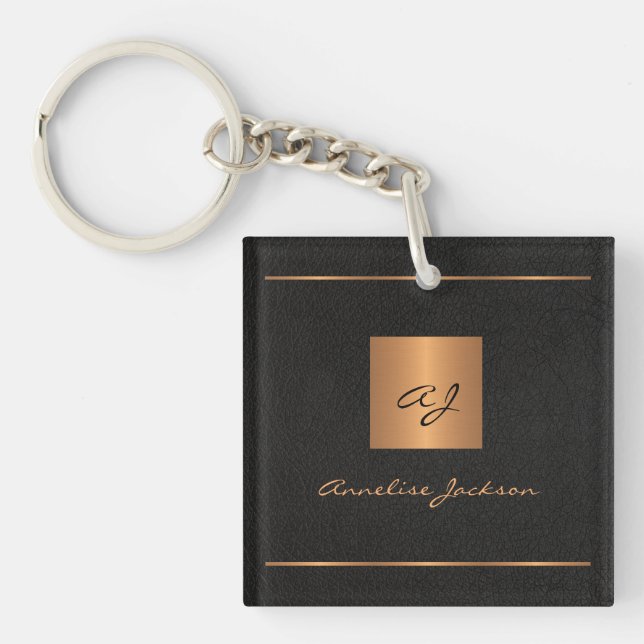 Monogram modern black gold elegant script name key ring (Front)