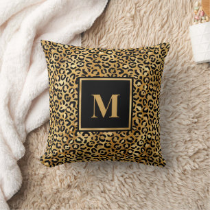 Monogram Modern Black Gold Leopard Print Cushion