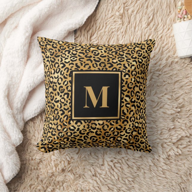 Monogram Modern Black Gold Leopard Print Cushion (Blanket)