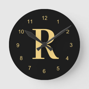 Monogram Modern Black Gold Round Clock