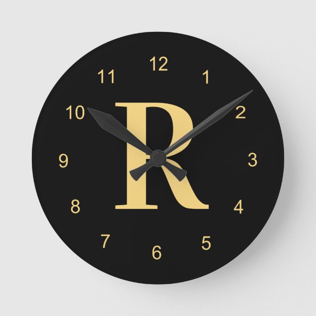 Monogram Modern Black Gold Round Clock (Front)