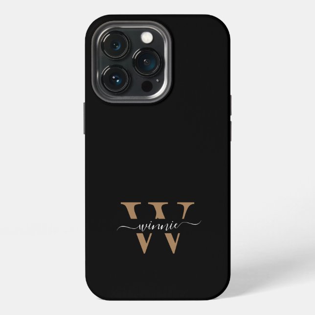 Monogram Modern Black Gold Script Name iPhone Case (Back)