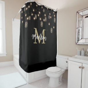 Monogram Modern Black Mason Jar Lights Shower Curtain