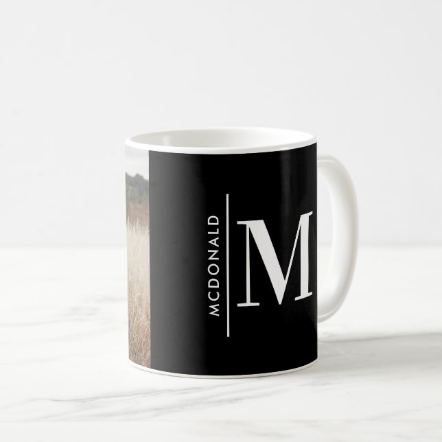 Monogram modern black personalised photo family coffee mug (Front Right)