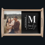 Monogram modern black personalised photo family serving tray<br><div class="desc">Monogram modern family navy black and white monochrome stylish elegant photo matching family gift. Ideal for family reunions,  vacations,  birthday and Christmas parties.</div>