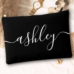 Monogram Modern Black Script Name Stylish Trendy Accessory Pouch