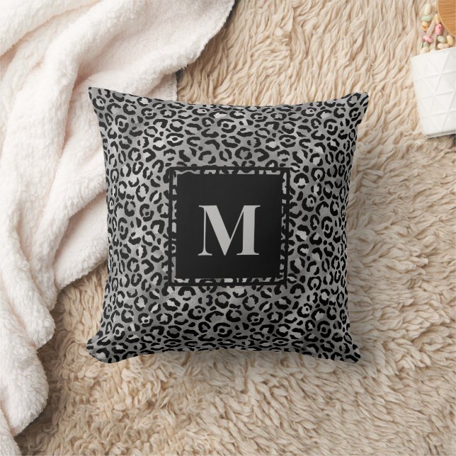 Monogram Modern Black Silver Grey Leopard Print Cushion (Blanket)