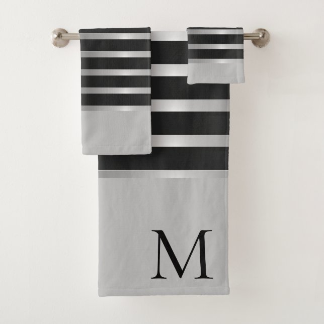 Monogram Modern  Black Stripes on Silver Bath Towel Set (Insitu)
