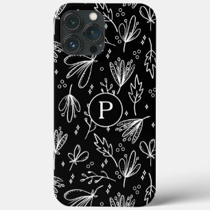 Monogram Modern Black White Floral Pattern iPhone 13 Pro Max Case