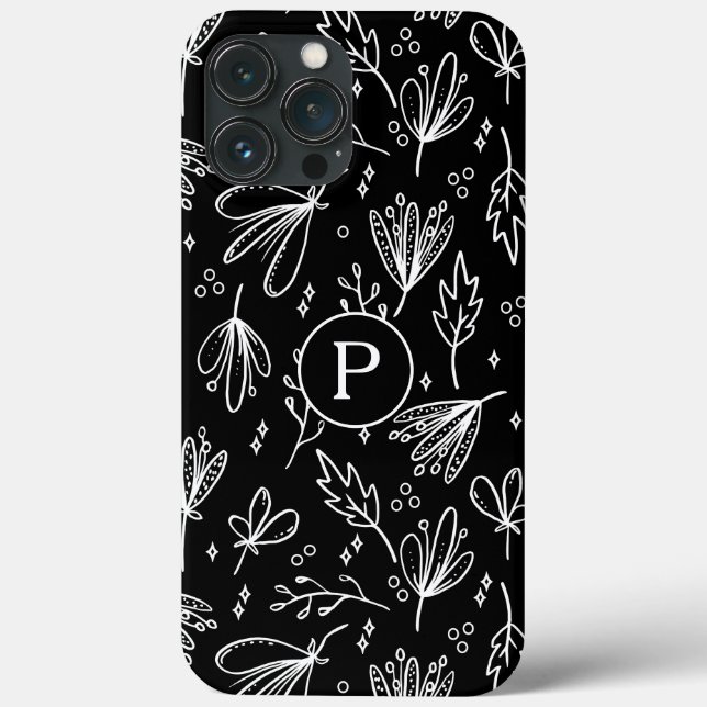 Monogram Modern Black White Floral Pattern Case-Mate iPhone Case (Back)
